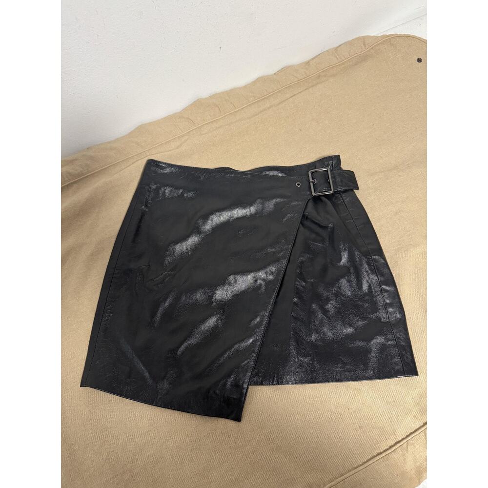 Genuine Leather Mini Skirt Womens Small Black Wrap Buckle Asymmetric Sheepskin